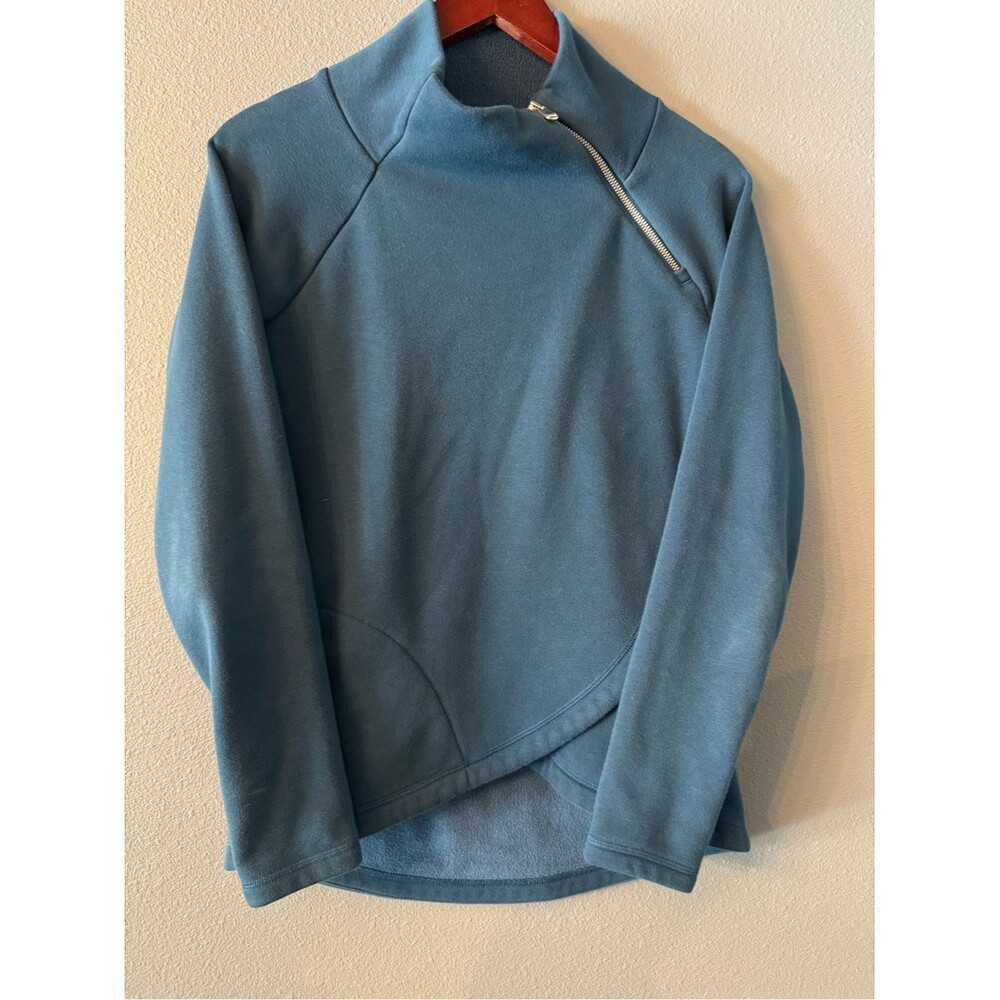 Athleta Womens XS Cozy Karma Asymmetrical Zip Pullover Teal Blue Fleece Top